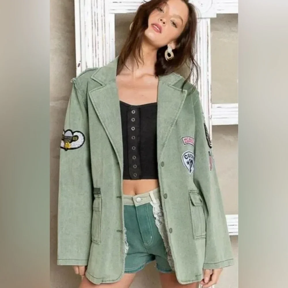 POL Kennedy Military Black Corduroy Jacket Vintage Patch detail & Pockets Size L - Picture 16 of 17